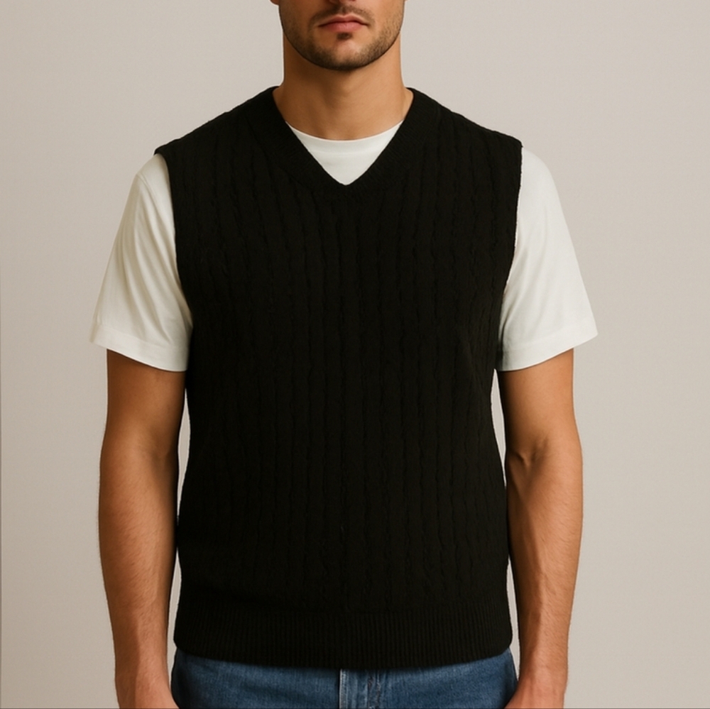 Geoffrey Beene Pullover V-Neck Cable Print Front Vest Black Large - Picture 10 of 10